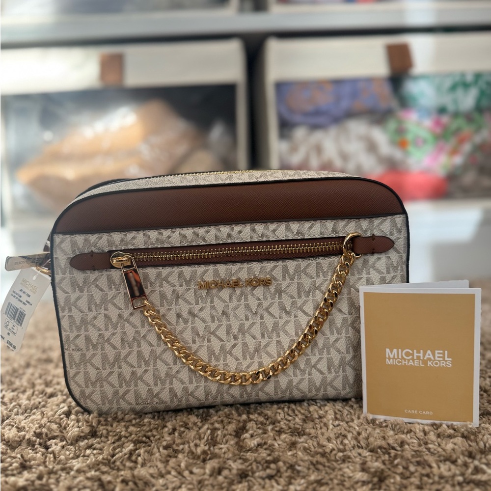 Michael Kors Brown & Beige Logo Chain-Accent Crossbody Bag